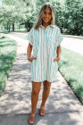Mint Green St Patricks Striped Wide Short Sleeve Shift Mini Shirt Dress