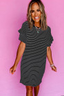 Black Stripe Ruffled Short Sleeve Crew Neck T Shirt Shift Mini Dress
