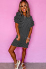Black Stripe Ruffled Short Sleeve Crew Neck T Shirt Shift Mini Dress