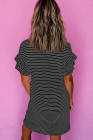 Black Stripe Ruffled Short Sleeve Crew Neck T Shirt Shift Mini Dress
