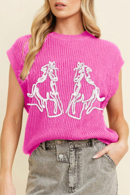 Bright Pink Western Horse Embroidered Round Neck Sweater Tee LC277795-P106