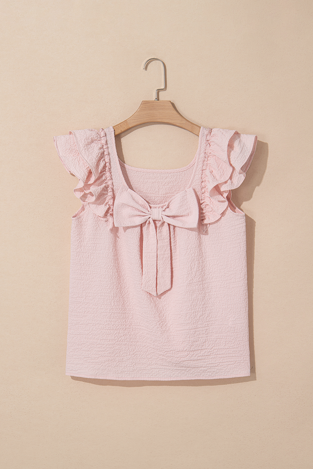 Gossamer Pink Textured Bow Knot Frilled Butterfly Sleeve Blouse