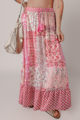 Red Boho Pattern Print Tassel Drawstring Elastic Waistband Maxi Skirt LC721953-P10320