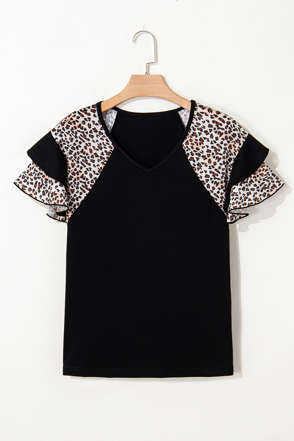 Black Leopard Print Patchwork Ruffled Sleeve V Neck T Shirt