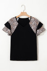 Black Leopard Print Patchwork Ruffled Sleeve V Neck T Shirt