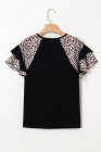 Black Leopard Print Patchwork Ruffled Sleeve V Neck T Shirt