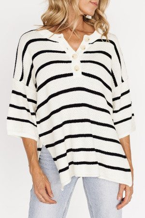 White Stripe Henley Buttoned Placket Drop Shoulder Bracelet Sleeve Knit Sweater Tee LC277166-P119