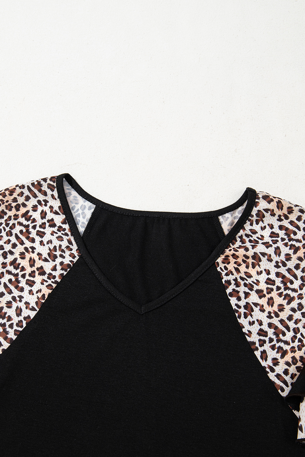 Black Leopard Print Patchwork Ruffled Sleeve V Neck T Shirt