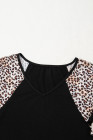 Black Leopard Print Patchwork Ruffled Sleeve V Neck T Shirt