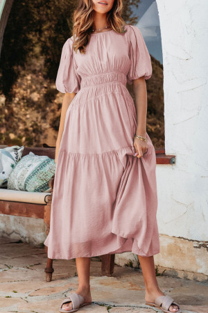 Pink Puff Sleeve Pleated High Waist Flowy Midi Dress LC6118354-P10