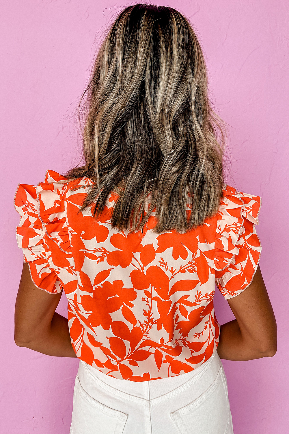 Orange Floral Ruffle Sleeve Print Top