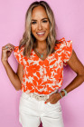 Orange Floral Ruffle Sleeve Print Top