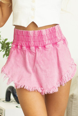 Pink Washed Wide Smocked Waistband Frayed Denim Shorts LC7831816-P10