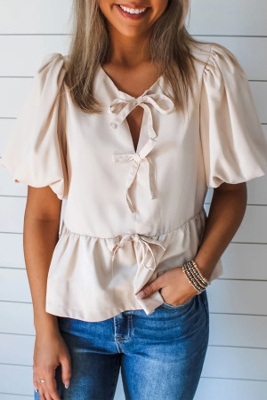 White Bow Tie Short Puff Sleeve Ruffle Hem Blouse LC25129762-P101