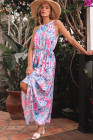 Sky Blue Floral Printed Sleeveless O Neck Knot Waist Maxi Dress