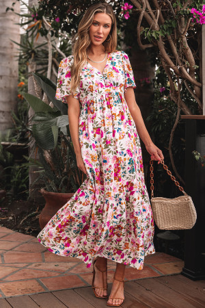 Red Floral Short Sleeve V Neck High Waist Maxi Dress LC6123022-P10320