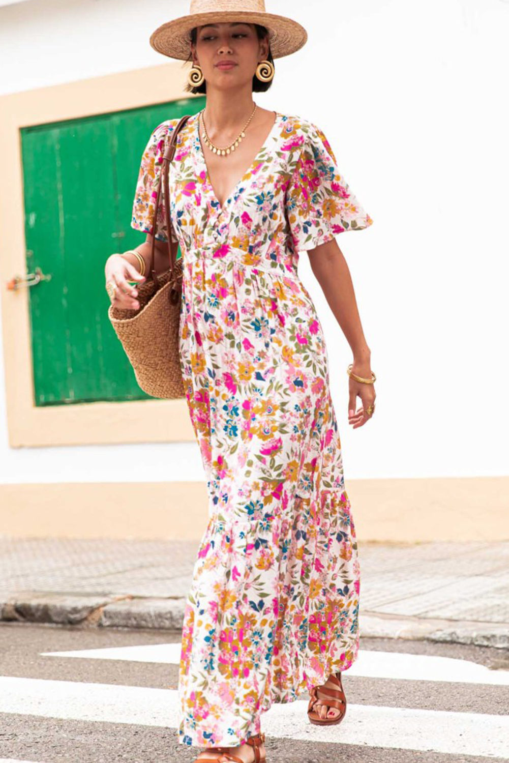 Red Floral Short Sleeve V Neck High Waist Maxi Dress