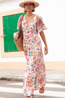 Red Floral Short Sleeve V Neck High Waist Maxi Dress