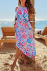 Sky Blue Floral Printed Sleeveless O Neck Knot Waist Maxi Dress
