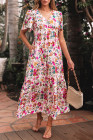 Red Floral Short Sleeve V Neck High Waist Maxi Dress