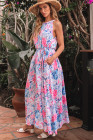 Sky Blue Floral Printed Sleeveless O Neck Knot Waist Maxi Dress