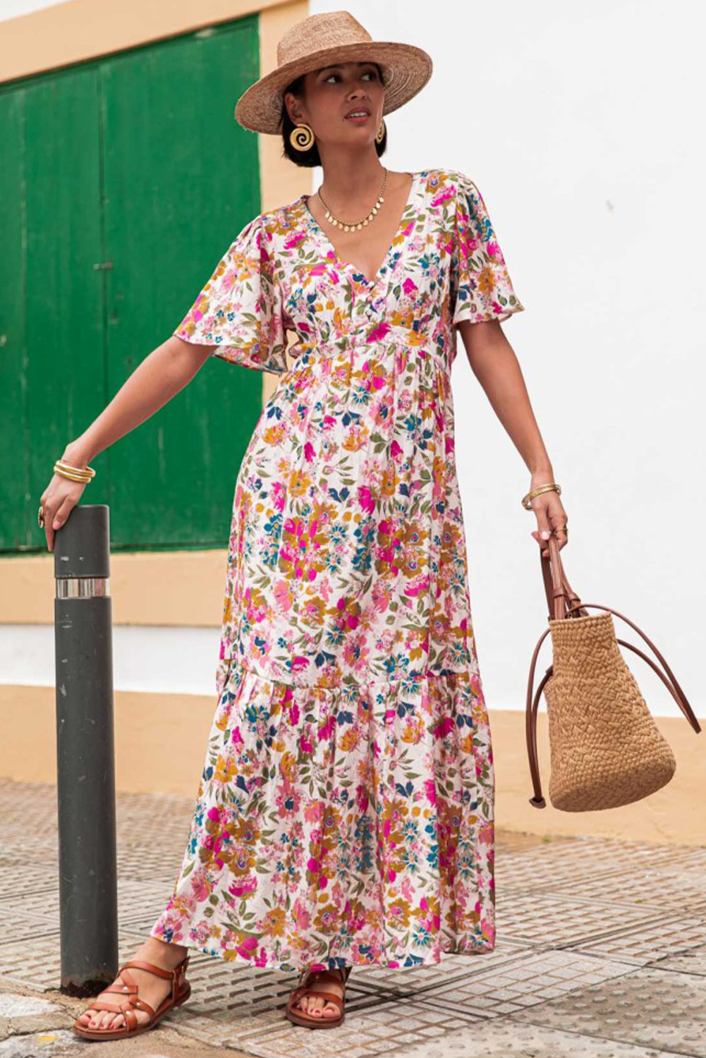 Red Floral Short Sleeve V Neck High Waist Maxi Dress