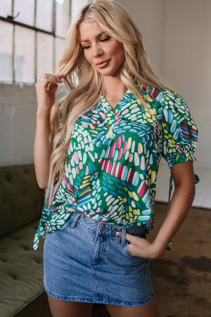 Green Brushwork Geometric Print Puff Sleeve Notched Neck Blouse LC25130644-P920