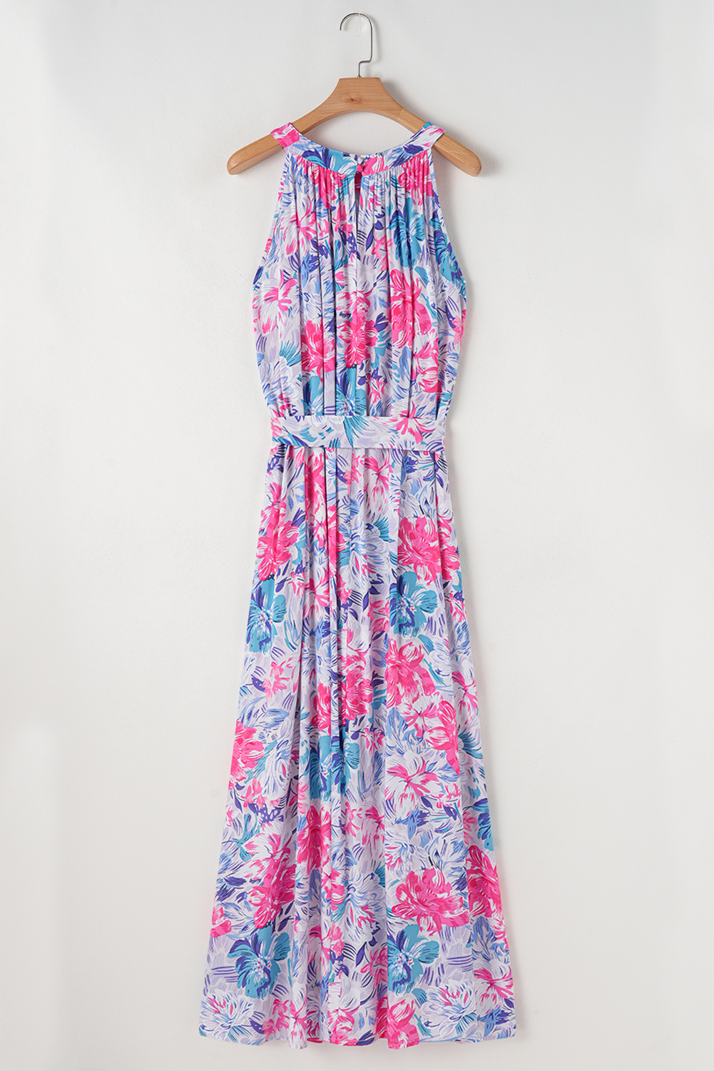 Sky Blue Floral Printed Sleeveless O Neck Knot Waist Maxi Dress