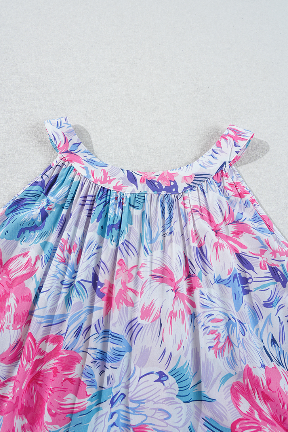 Sky Blue Floral Printed Sleeveless O Neck Knot Waist Maxi Dress