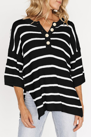Black Stripe Henley Buttoned Placket Drop Shoulder Bracelet Sleeve Knit Sweater Tee LC277166-P219