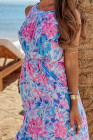 Sky Blue Floral Printed Sleeveless O Neck Knot Waist Maxi Dress