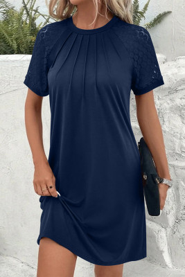 Navy Blue Contrast Lace Raglan Sleeve Pleated Detail Shift Dress LC6119951-P605
