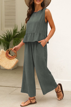 Duffel Green Solid Color Ribbed Ruffle Tank Top and Pants Set LC625498-P1309