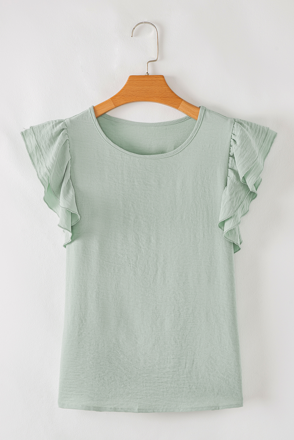 Clearly Aqua Solid Color Ruffled Short Sleeve Casual Blouse