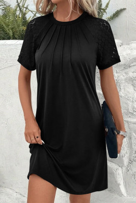 Black Contrast Lace Raglan Sleeve Pleated Detail Shift Dress LC6119951-P2