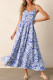 Sky Blue Floral Print Spaghetti Strap High Waist Maxi Dress