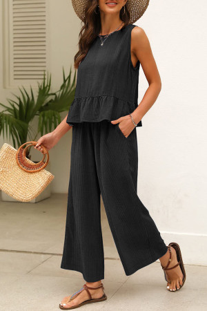 Black Solid Color Ribbed Ruffle Tank Top and Pants Set LC625498-P2