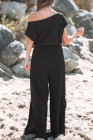 Black Checkered Mesh One Shoulder Short Sleeve Knotted Waist Jumpsuit