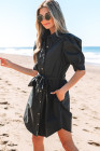 Black Button Up Tie Waist Puff Sleeve Mini Dress