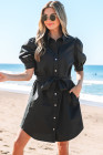 Black Button Up Tie Waist Puff Sleeve Mini Dress
