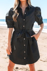 Black Button Up Tie Waist Puff Sleeve Mini Dress