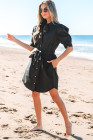 Black Button Up Tie Waist Puff Sleeve Mini Dress