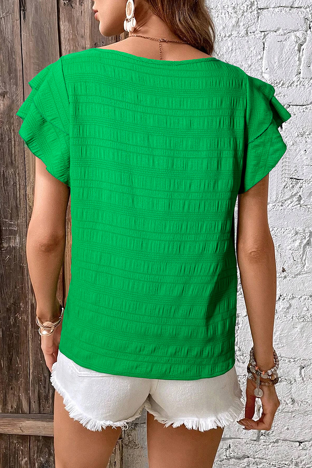 Dark Green Textured Ruffled Sleeve Round Neck Top