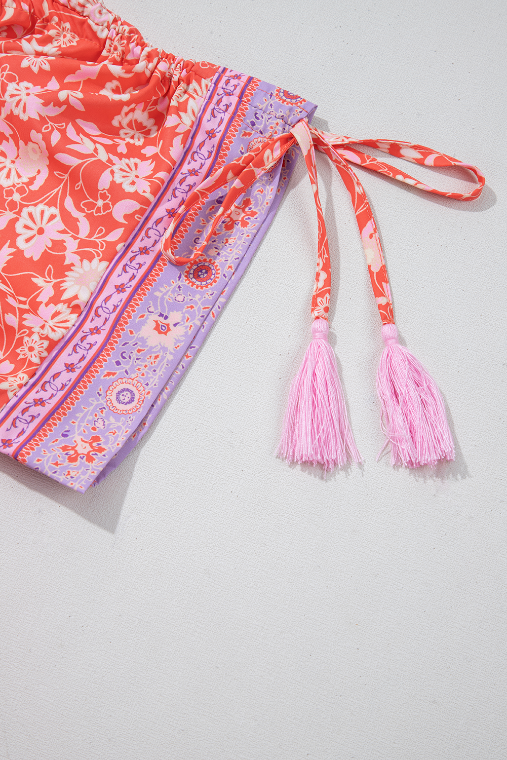 Red Floral Print Tasseled Tied Sleeve Empire Waist Maxi Dress