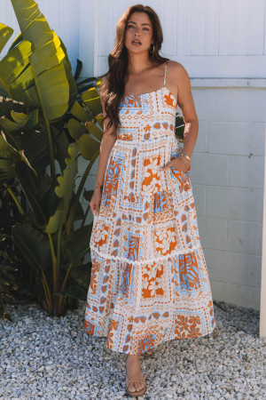 Orange Multi Printed Ricrac Trim Spaghetti Straps Maxi Dress LC6123569-P1420