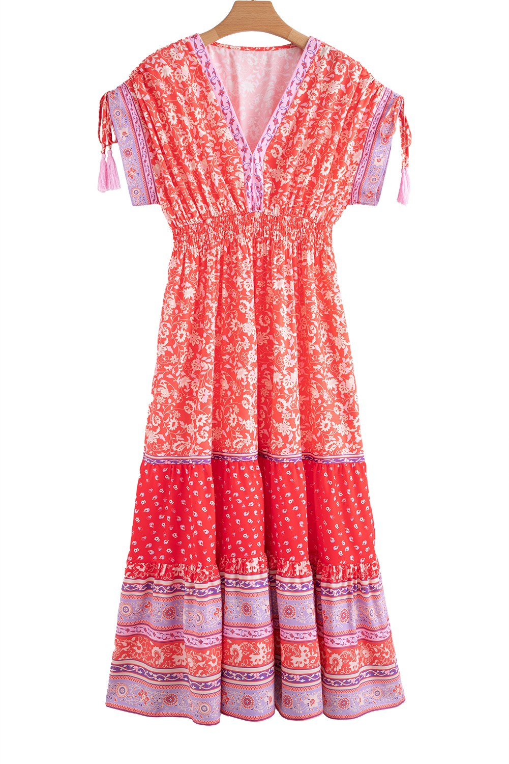 Red Floral Print Tasseled Tied Sleeve Empire Waist Maxi Dress