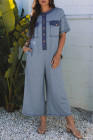 Beau Blue Half Placket Chest Pockets Short Sleeve Wide Leg Jumpsuit