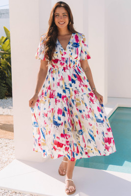 Rose Abstract Print Short Puff Sleeve Tiered Maxi Dress LC6122942-P620