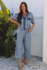Beau Blue Half Placket Chest Pockets Short Sleeve Wide Leg Jumpsuit