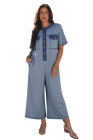 Beau Blue Half Placket Chest Pockets Short Sleeve Wide Leg Jumpsuit